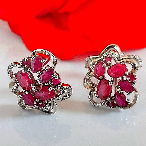 Natural Ruby 6x4mm & CZ‎ 14K White Gold on 925 Sterling Silver Earrings - Picture 5 of 5
